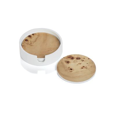 Round Burl Wood Coaster Set in White Tray